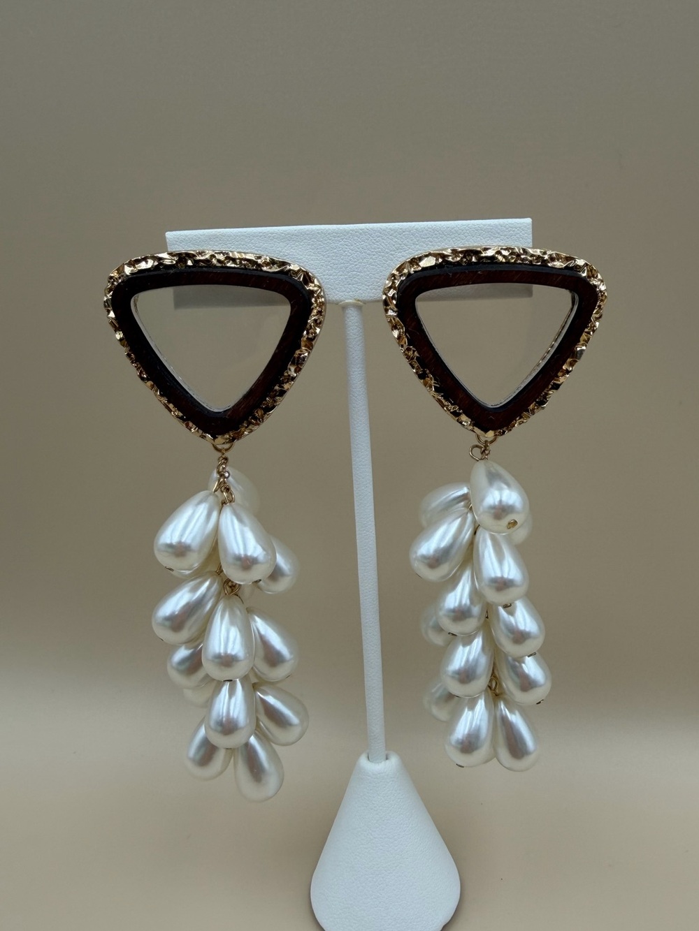 Statement Pearl & Wood Geometric Drop Earrings